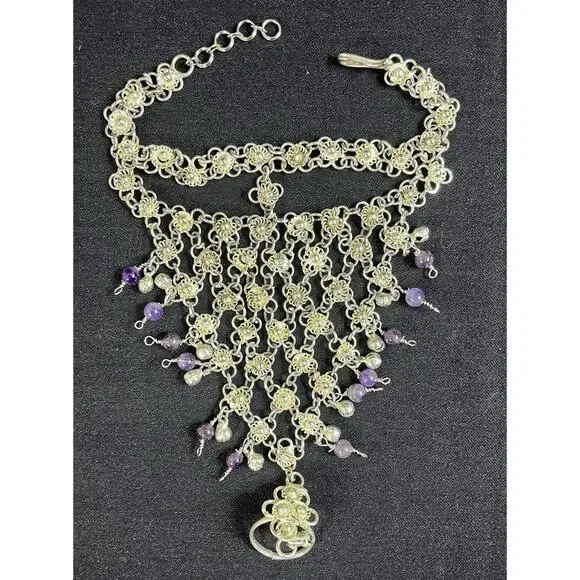 Slave Bracelet Silver Metal & Amethyst Stones Repurposed, Vintage Style Unique - Picture 7 of 9